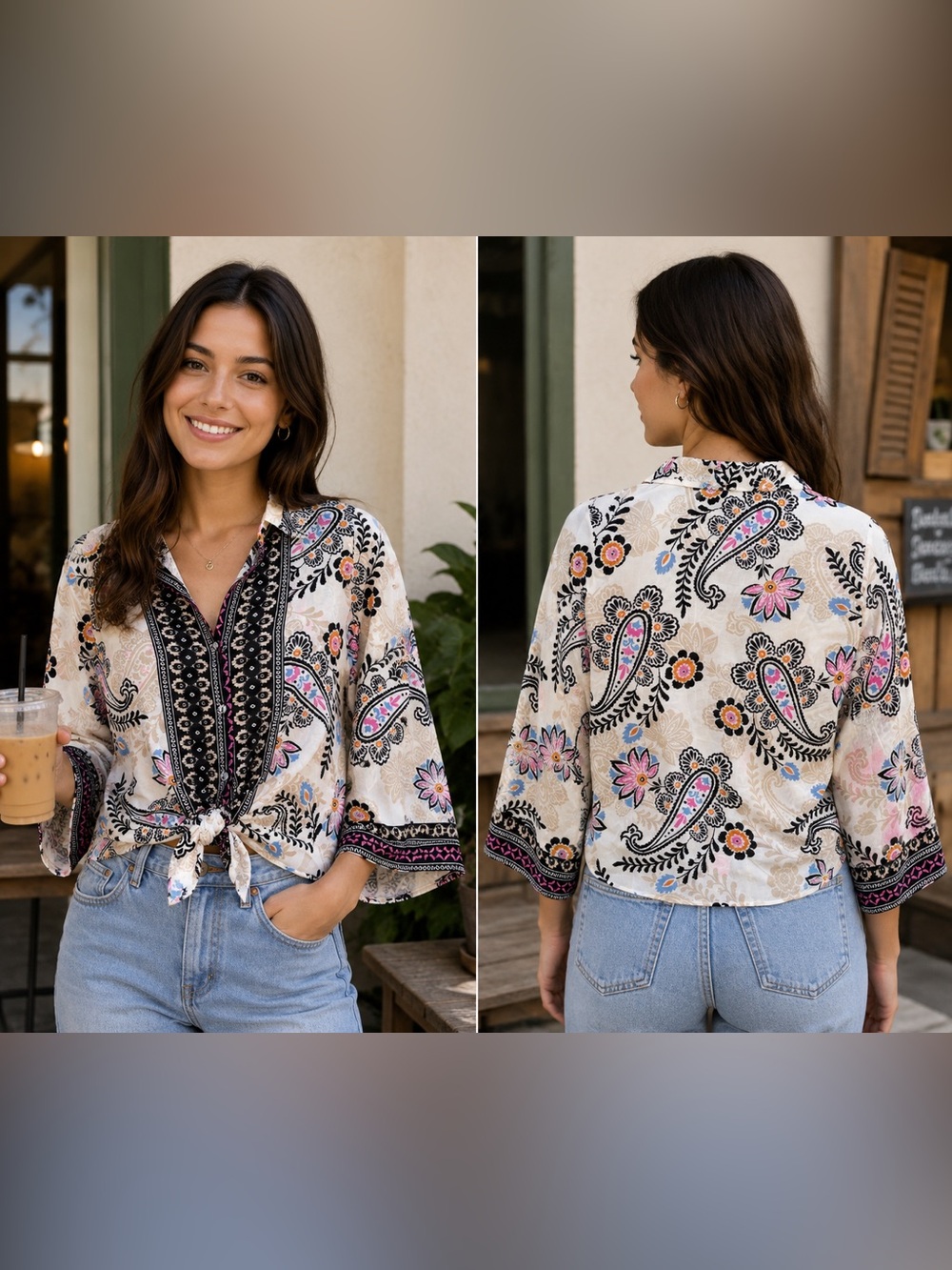Floral & Ivy Paisley Bohemian Tie-Front Blouse in Ivory with Pink & Black NWT
